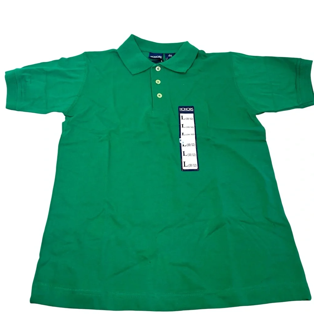 Two Children’s Kelly Green Polo Shirts with 3-Button Closure. Large & XLarge New